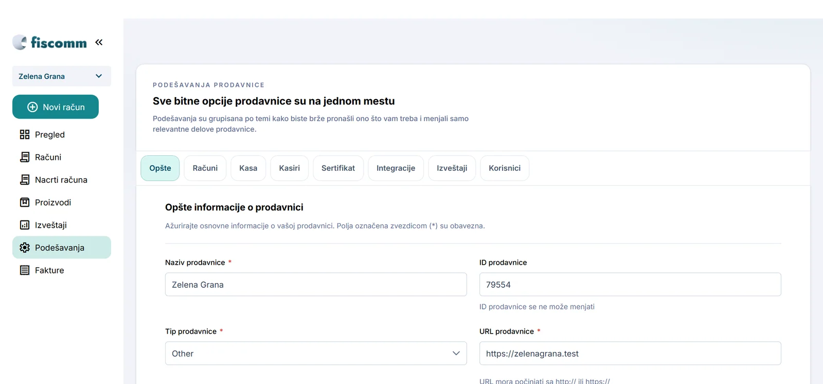 Podešavanja prodavnice — sve opcije grupisane po temama: opšte, računi, kasa, kasiri, sertifikat, integracije
