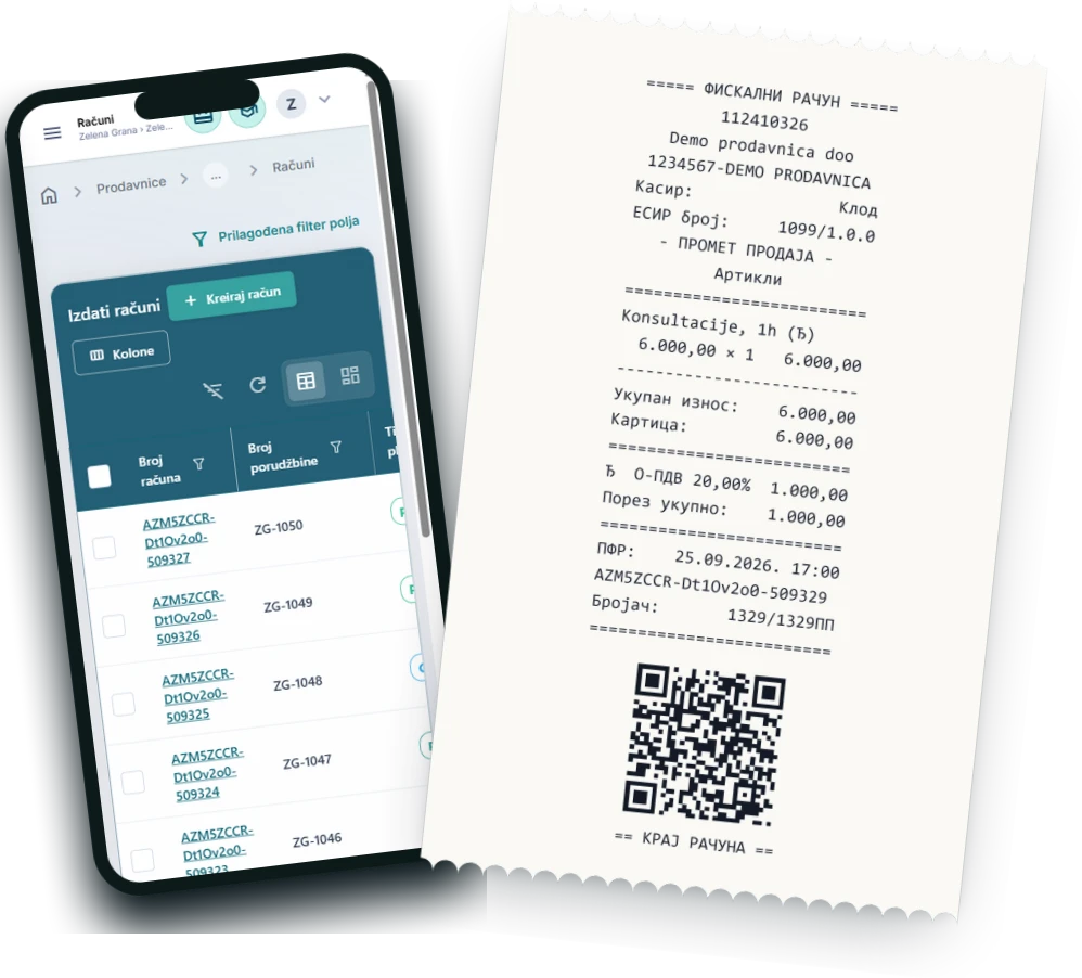 Fiscomm aplikacija otvorena na telefonu i izdati fiskalni račun sa PFR brojem i QR kodom posle naplate